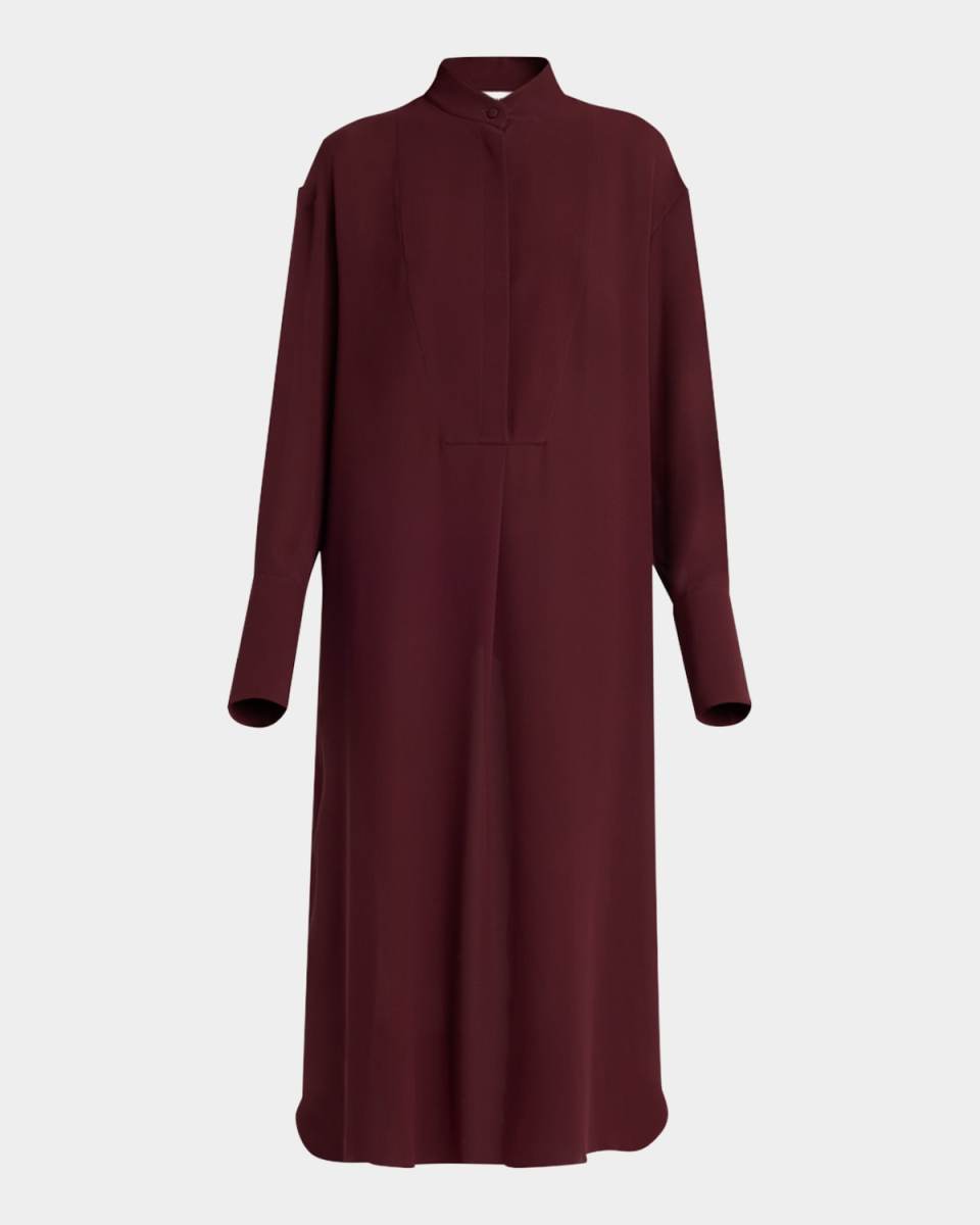 Long-Sleeve Silk Midi Day Shirtdress